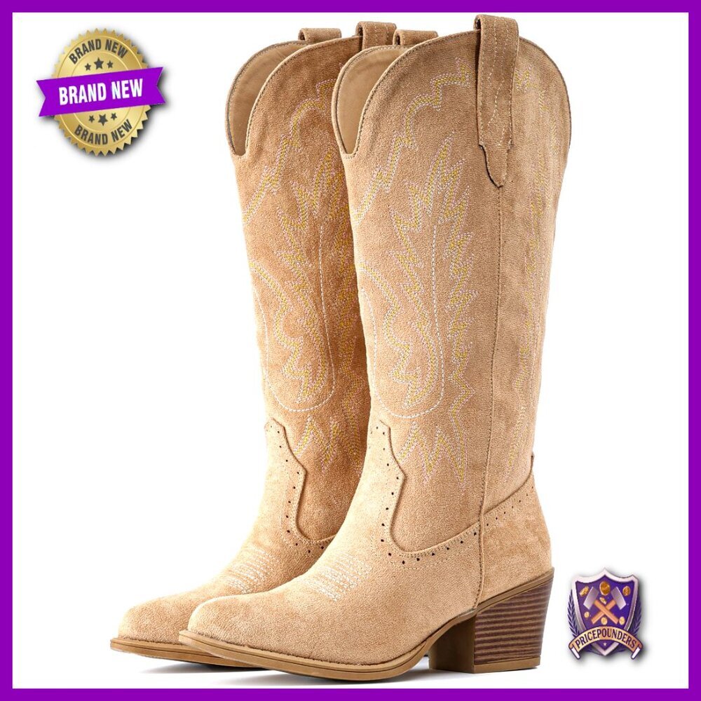Suede Cowboy Boots Chunky Heel Pointed Toe Western Embroidery Mid Calf Boots - Picture 1 of 7